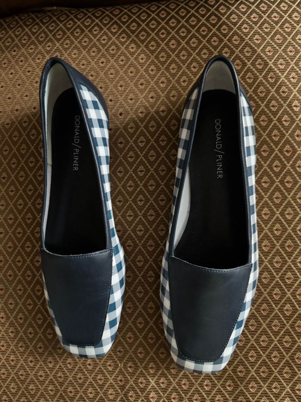 Donald J. Pliner Navy and White Gingham Leather Loafers